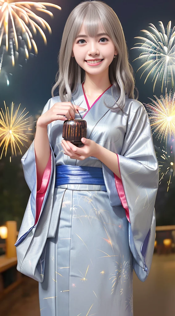 An 18-year-old woman smiles happily while eating chocolate, Highest quality、masterpiece、Ultra-high resolution、(Photorealistic:1.4)、RAW Photos、Detailed CG image quality, (Fireworks display:1.4)、Beautiful poop、One Girl、Japanese、18-year-old、(blue eyes:1.2)、Pink lipstick、Laughter、(Silver hair:1.4)、Sunburned skin、(hair ornaments:1.4), (Short length yukata:1.4)、Cleavage、Detailed portrait、8K quality、Concept Art、A dramatic, cinematic atmosphere、(Japanese Shrines:1.2)、Sharp focus、Blurred foreground、Blurred Background:1.3、(8mm fisheye lens:1.4)、(Angle from directly below:1.4)、(The whole body is visible:1.4)、