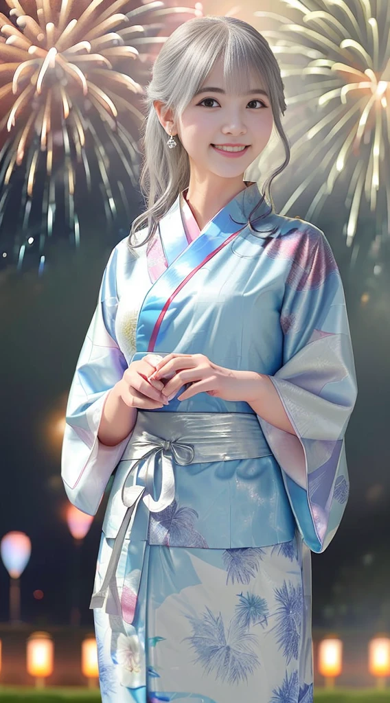 An 18-year-old woman smiles happily while eating chocolate, Highest quality、masterpiece、Ultra-high resolution、(Photorealistic:1.4)、RAW Photos、Detailed CG image quality, (Fireworks display:1.4)、Beautiful poop、One Girl、Japanese、18-year-old、(blue eyes:1.2)、Pink lipstick、Laughter、(Silver hair:1.4)、Sunburned skin、(hair ornaments:1.4), (Short length yukata:1.4)、Cleavage、Detailed portrait、8K quality、Concept Art、A dramatic, cinematic atmosphere、(Japanese Shrines:1.2)、Sharp focus、Blurred foreground、Blurred Background:1.3、(8mm fisheye lens:1.4)、(Angle from directly below:1.4)、(The whole body is visible:1.4)、