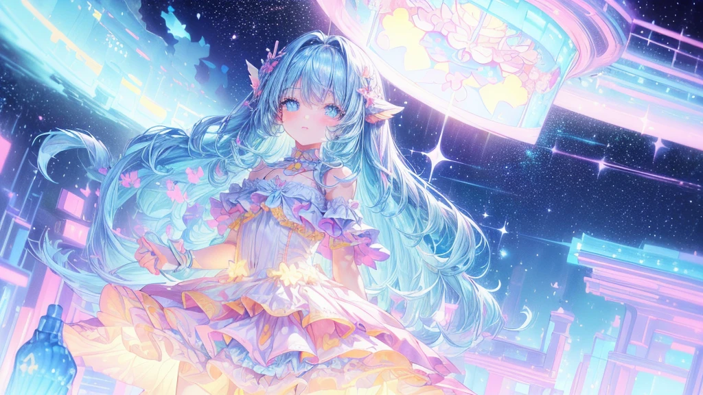 masterpiece, best quality, extremely detailed, (illustration, official art:1.1), 1 girl ,(((( light blue long hair)))), ,(((( light blue long hair)))),light blue hair, , long hair ((blush)) , cute face, big eyes, masterpiece, best quality,(((((a very delicate and beautiful girl))))),Amazing,beautiful detailed eyes,blunt bangs((((little delicate girl)))),tareme(true beautiful:1.2), sense of depth,dynamic angle,,,, affectionate smile, (true beautiful:1.2),,(tiny 1girl model:1.2),)(flat chest) ,Depicts a scene where a cute girl character lies on a grassy hill, Looking at the stars. Surround her with colorful nebulae and her favorite constellations, Farther perspective,