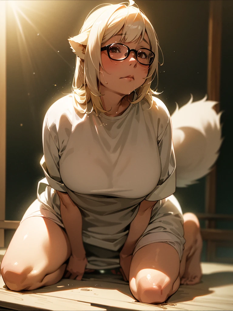 (Sumilux f1.4 75mm , low Latitude old color negative film , cross process , bokeh, flare, chromatic aberration , soft focus, (Shallow focus) , soft glow , Maximum aperture, High Key , Transparent depiction) , anime female raccoon dog , round butter face , Swollen cheeks , Thick-rimmed glasses , in the Creepy Mansion , (clothed erotica) , Kneeling , (looking up to the sky) , doggy style , A sloppy look , two Ripe Melons is hanging down , closeup face , dripping lotion from crotch , Man's feet , horror taste