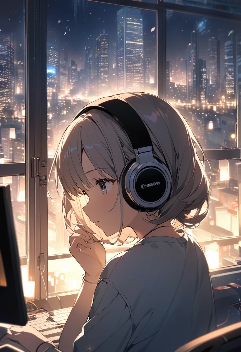 Late at night, in her room, which has a calm atmosphere, she is working silently at her computer while wearing headphones and listening to music. She is dimly illuminated by the backlight from the computer. Outside the window, the lights of the skyscrapers and the stars twinkle in the sky.
--ar
16:9, highly detailed image, Canon 1Ds 24 mm f/2
--style
raw