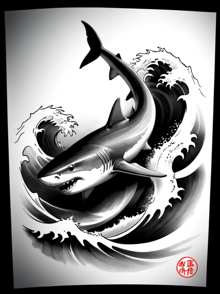 Sketch of tattoo on paper, shark, Japanese style, in black and white, masterpiece, Best quality, extremely detailed, wave elements, Nice picture, template, fiery 