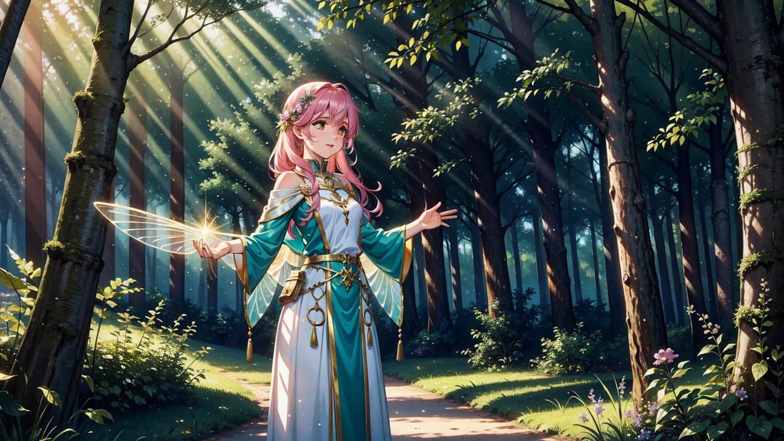 A female adventurer playing with fairies in a beautiful, mystical forest. The woman has a joyful expression, wearing a practical yet stylish outfit suitable for adventuring, with a light armor and a cloak. Her hair is flowing, and she is reaching out to the small, glowing fairies with delicate wings. The forest is lush with vibrant green foliage, tall ancient trees, and colorful flowers. The fairies leave trails of sparkling light as they flutter around her. The scene is illuminated by soft, magical light filtering through the trees, creating a dreamy and enchanting ambiance.
