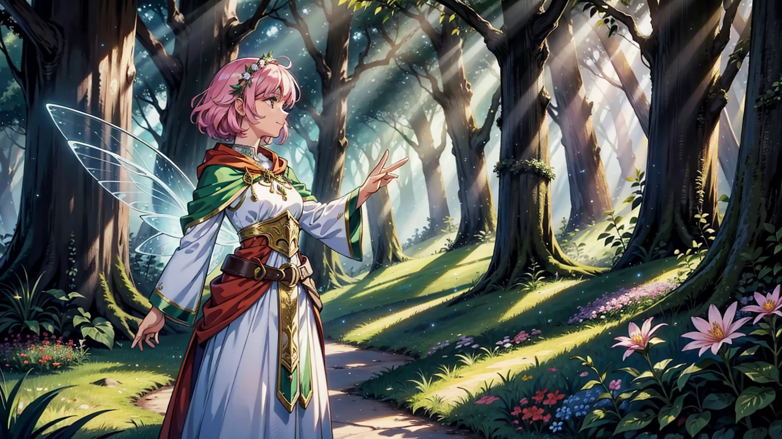A female adventurer playing with fairies in a beautiful, mystical forest. The woman has a joyful expression, wearing a practical yet stylish outfit suitable for adventuring, with a light armor and a cloak. Her hair is flowing, and she is reaching out to the small, glowing fairies with delicate wings. The forest is lush with vibrant green foliage, tall ancient trees, and colorful flowers. The fairies leave trails of sparkling light as they flutter around her. The scene is illuminated by soft, magical light filtering through the trees, creating a dreamy and enchanting ambiance.