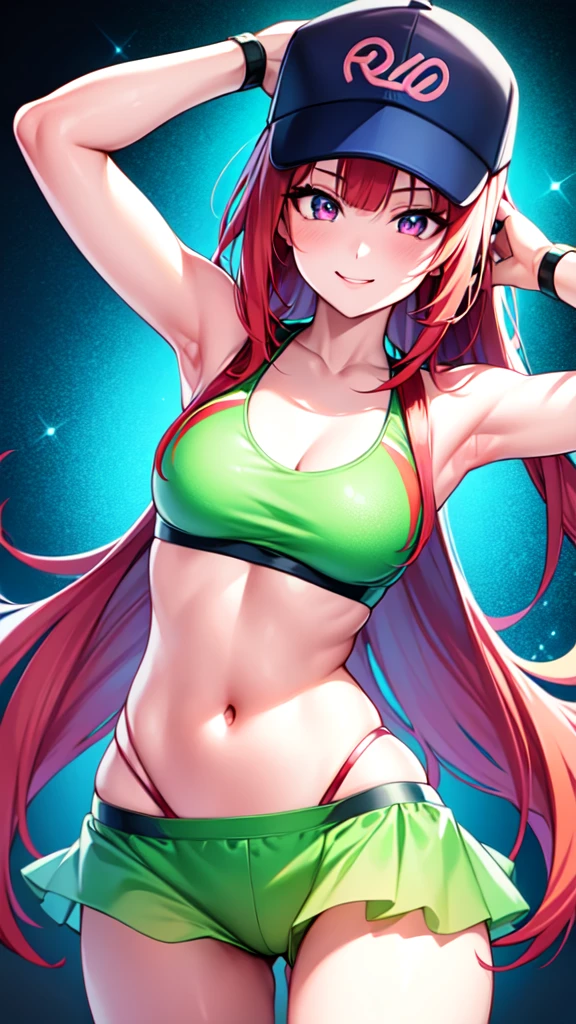 +sparkle+ 1_girlsolo, anime girl, long red hair, short bangs, baseball cap, blue bikini headphones, beach lighting,s,(best quality:1.2),(ultra-detailed:1.2),(realistic:1.37),HDR,vivid colors,portraits, figure,headphone girl,anime style, atmosphere,techno music,electronic dance music,festival vibes,hip hop beats,festival outfit,energetic dance moves,expressive eyes,hairstyle with vibrant colors,neon lights,beaming smile,positive vibes,high-energy performance,stylized backgrounds,colorful visuals,excitement in the air, arms behind head 