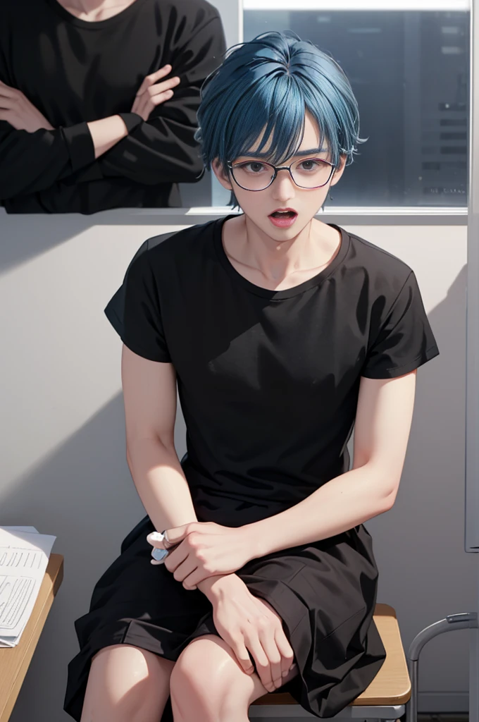 1 boy, age 5-6 years ,Solo, sitting (Looking at the audience), (black shirt:1.5), long skirt ,Stylish clothes Childish man wearing glasses /(blue hair/) Worried face, open mouth (The best quality masterpiece:1.2) , Delicate illustrations, Special details, (hospital examination room) In the building, desk Detailed background