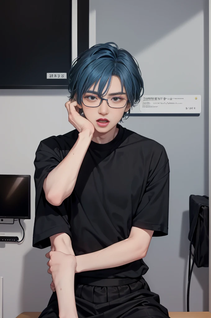 1 boy, age 5-6 years ,Solo, sitting (Looking at the audience), (black shirt:1.5), long skirt ,Stylish clothes Childish man wearing glasses /(blue hair/) Worried face, open mouth (The best quality masterpiece:1.2) , Delicate illustrations, Special details, (hospital examination room) In the building, desk Detailed background