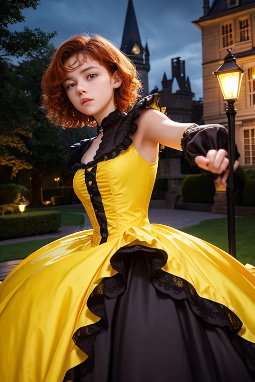  1.60, short curly hair, slim, flat bust, redhead, with punches on the face, yellow victorian dress, in the castle garden, at night, scared.