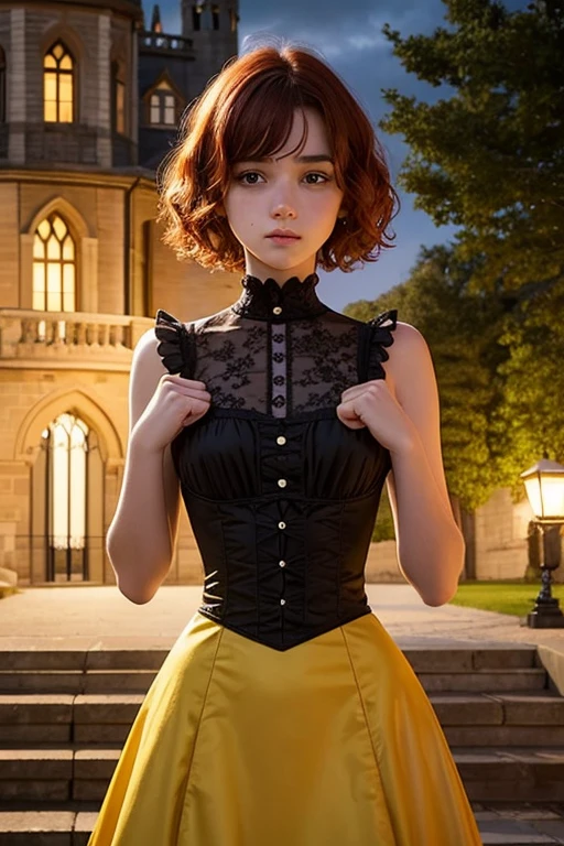  1.60, short curly hair, slim, flat bust, redhead, with punches on the face, yellow victorian dress, in the castle garden, at night, scared.