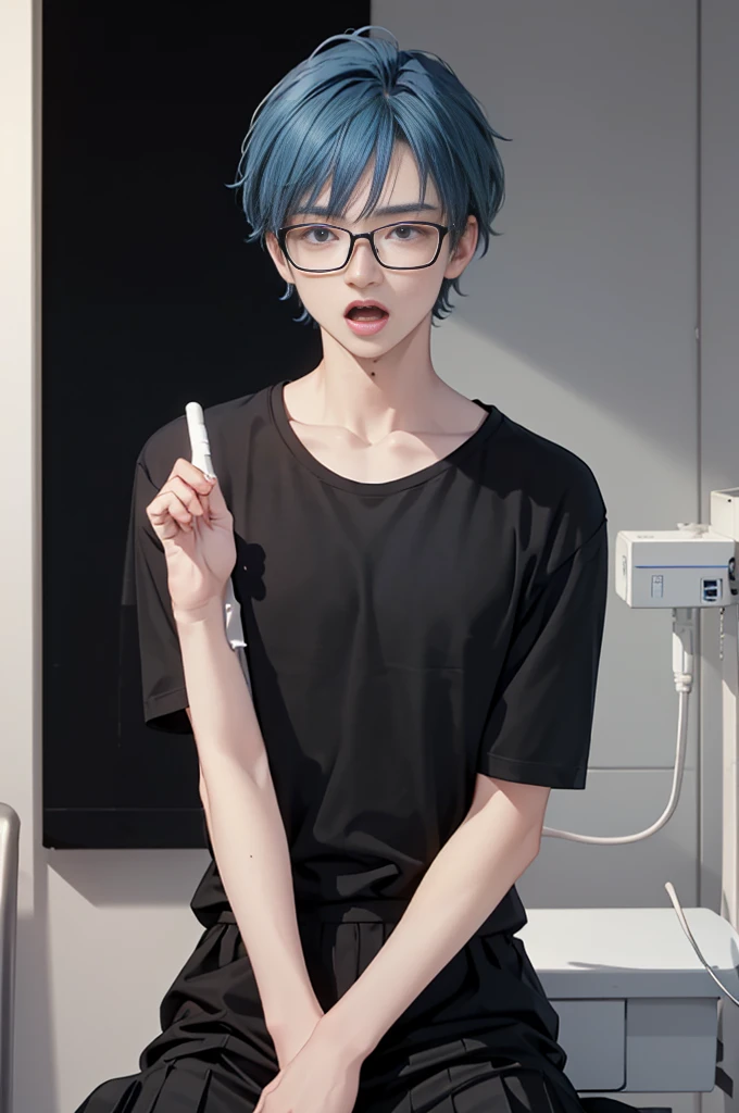 1 boy, age 5-6 years ,Solo, sitting (Looking at the audience), (black shirt:1.5), long skirt ,Stylish clothes Childish man wearing glasses /(blue hair/) Worried face, open mouth (The best quality masterpiece:1.2) , Delicate illustrations, Special details, (hospital examination room) In the building, desk Detailed background