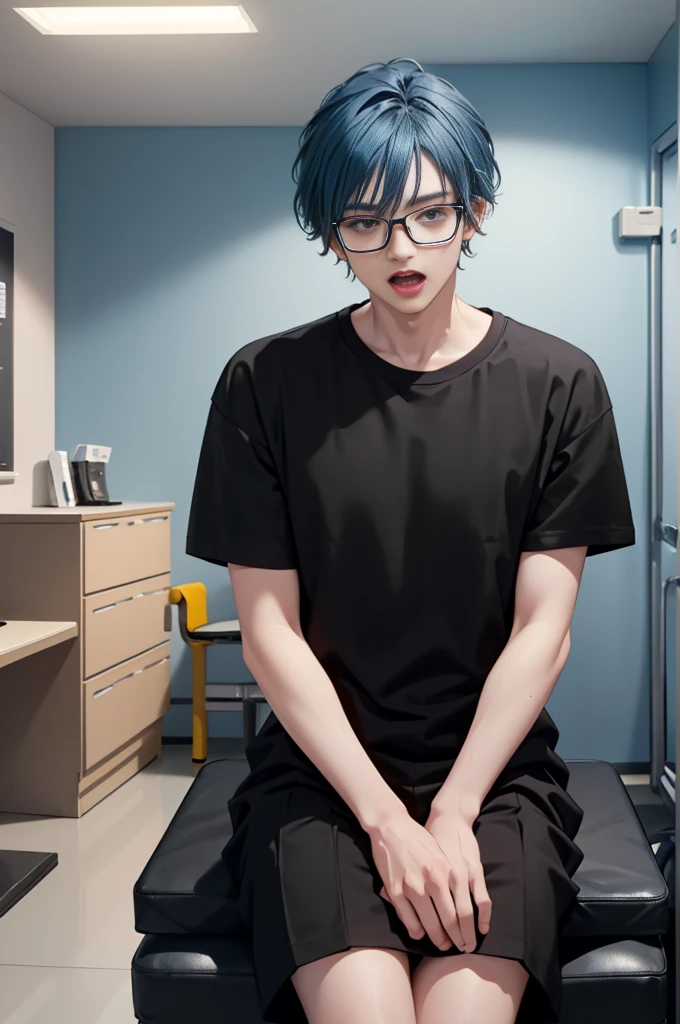 1 boy, age 5-6 years ,Solo, sitting (Looking at the audience), (black shirt:1.5), long skirt ,Stylish clothes Childish man wearing glasses /(blue hair/) Worried face, open mouth (The best quality masterpiece:1.2) , Delicate illustrations, Special details, (hospital examination room) In the building, desk Detailed background
