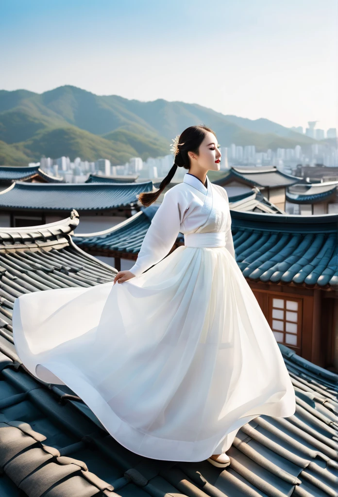woman in intricate pure white hanbok dress, float in the air on the roof of the house.
