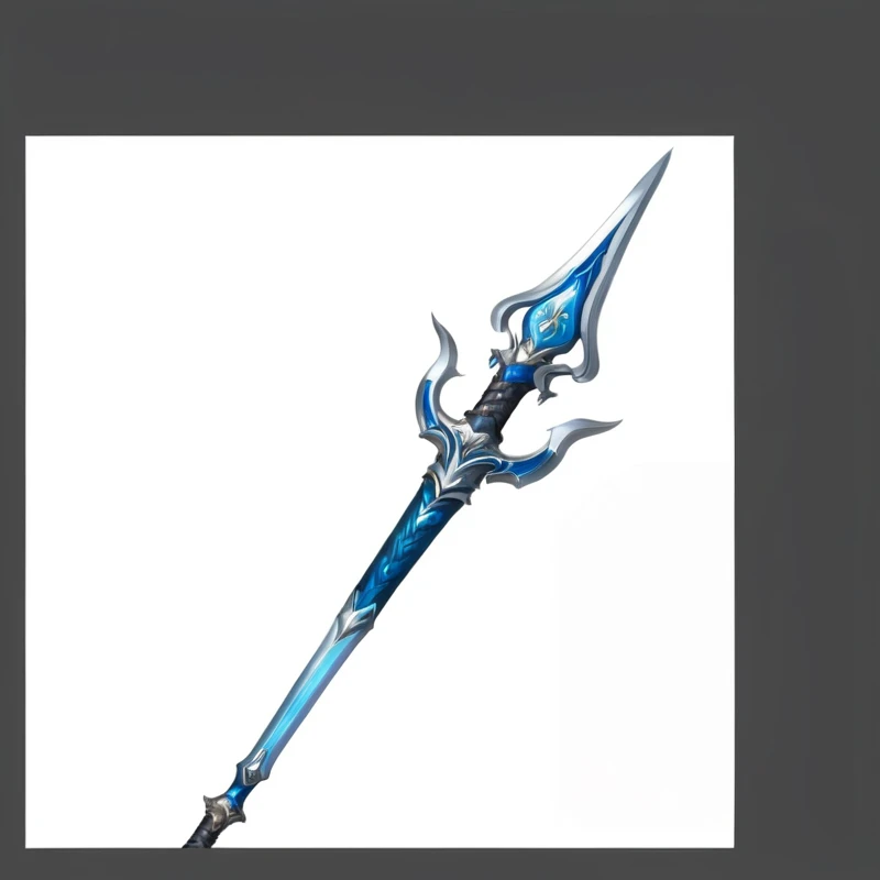 a blue and 银sword with a long blade on a white background, 逼真的长spear, POLEARM sword, intricate fantasy spear, medievil spear, POLEARM, sword, Scepter, 银sword, spear, sword与魔杖——水, Sword weapons, 锯齿sword, Fantasy weapons, 幻想sword, Magic Fishing Rod Weapon, 铠甲sword刃