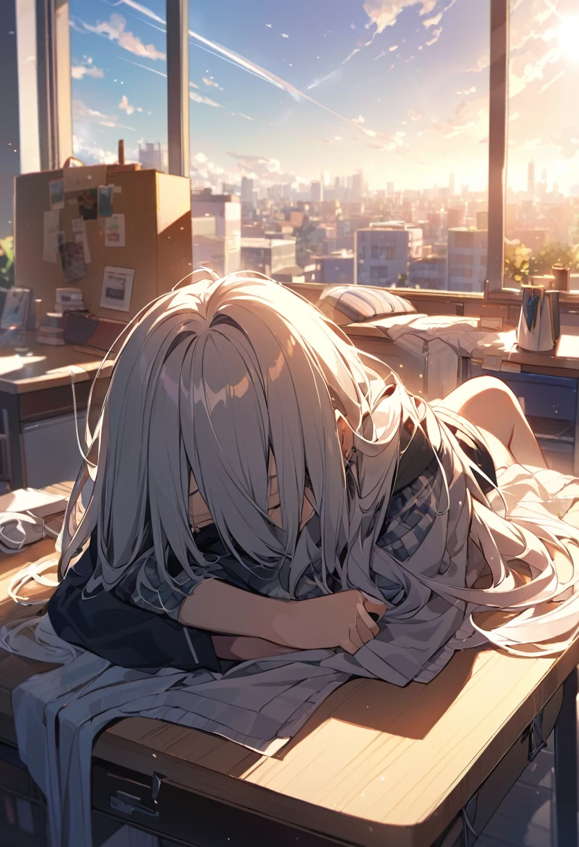 Very cool,teenager,Lying on the desk,Just woke up,Detailed background,The sun shines in