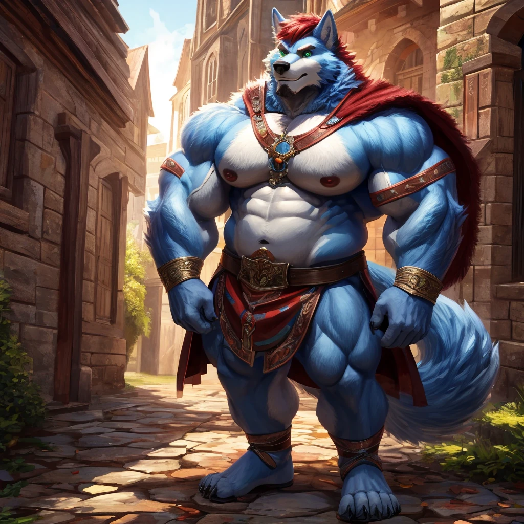 ((best quality)), ((masterpiece)), (Ultra detailed), ((4k)) , Full Body , Solo , Anthro Wolf , Light Blue Fur , Red Short Hair ,Red Beard , Handsone , Good Looking , Green Eyes , Middle Ages , Huge Pecs , Bodybuilder Chubby Fat