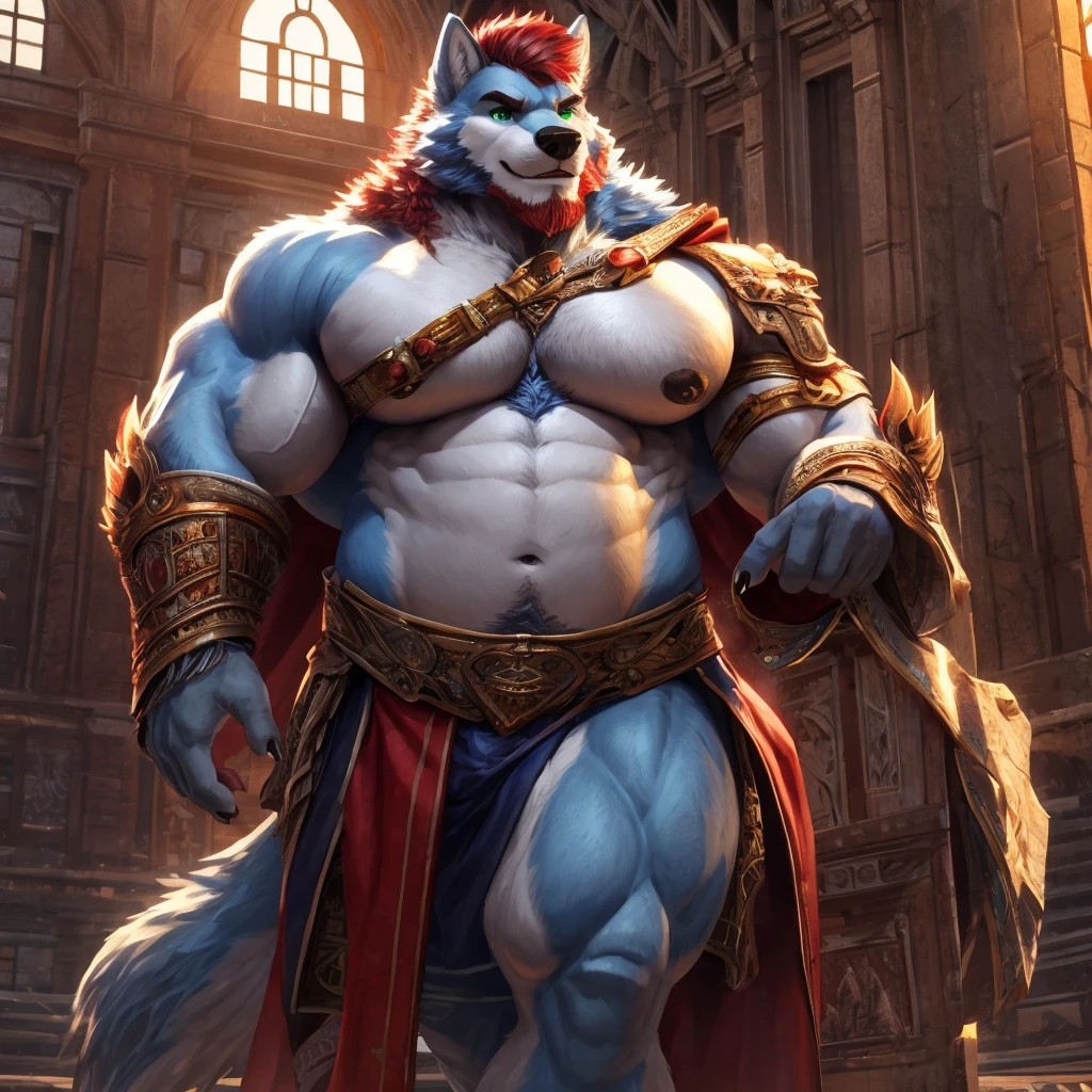 ((best quality)), ((masterpiece)), (Ultra detailed), ((4k)) , Full Body , Solo , Anthro Wolf , Light Blue Fur , Red Short Hair ,Red Beard , Handsone , Good Looking , Green Eyes , Middle Ages , Huge Pecs , Bodybuilder Chubby Fat