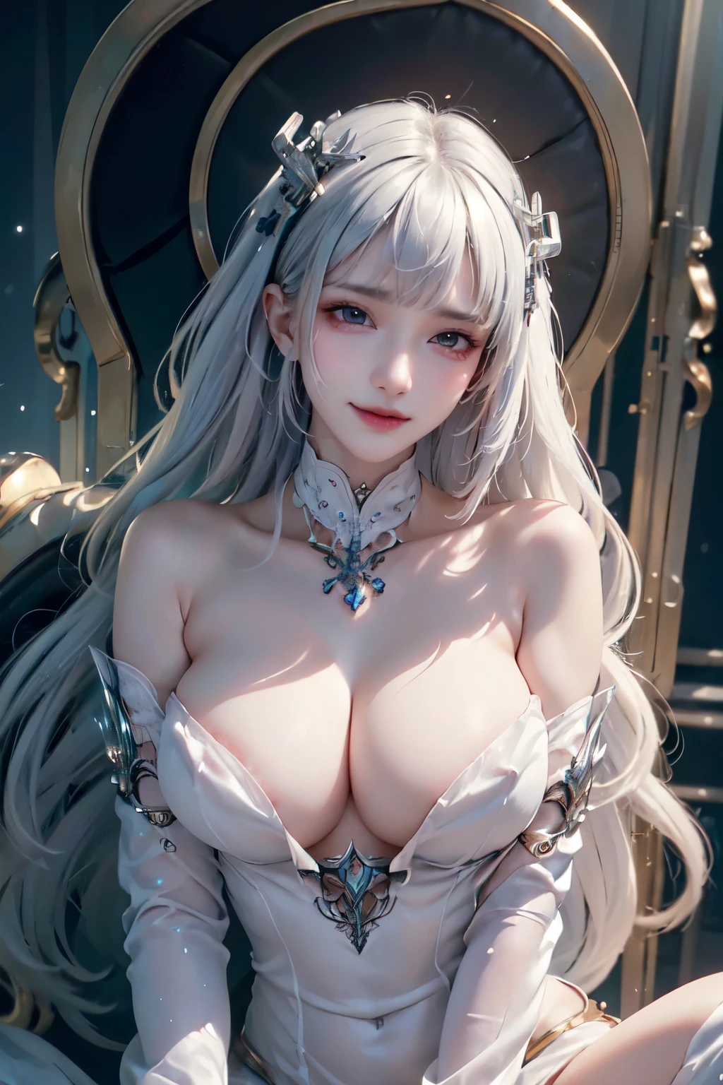 NSFW,((top quality、8k、masterpiece:1.3))Wears a silver-white mech,girl with delicate face,Highest image quality,Ultra-clear,Delicate and clear facial features,end of the world,Mechanical arm,Exquisitely detailed mechanical pattern,cyberpunk characters、numbercity、number、century、throne、