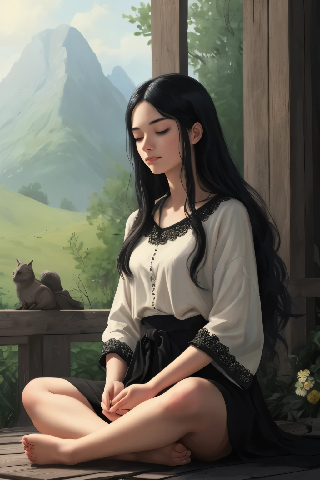 ((best quality)), ((masterpiece)), (detailed), A digital illustration of a young woman meditating with long black hair and a serene expression on her face.