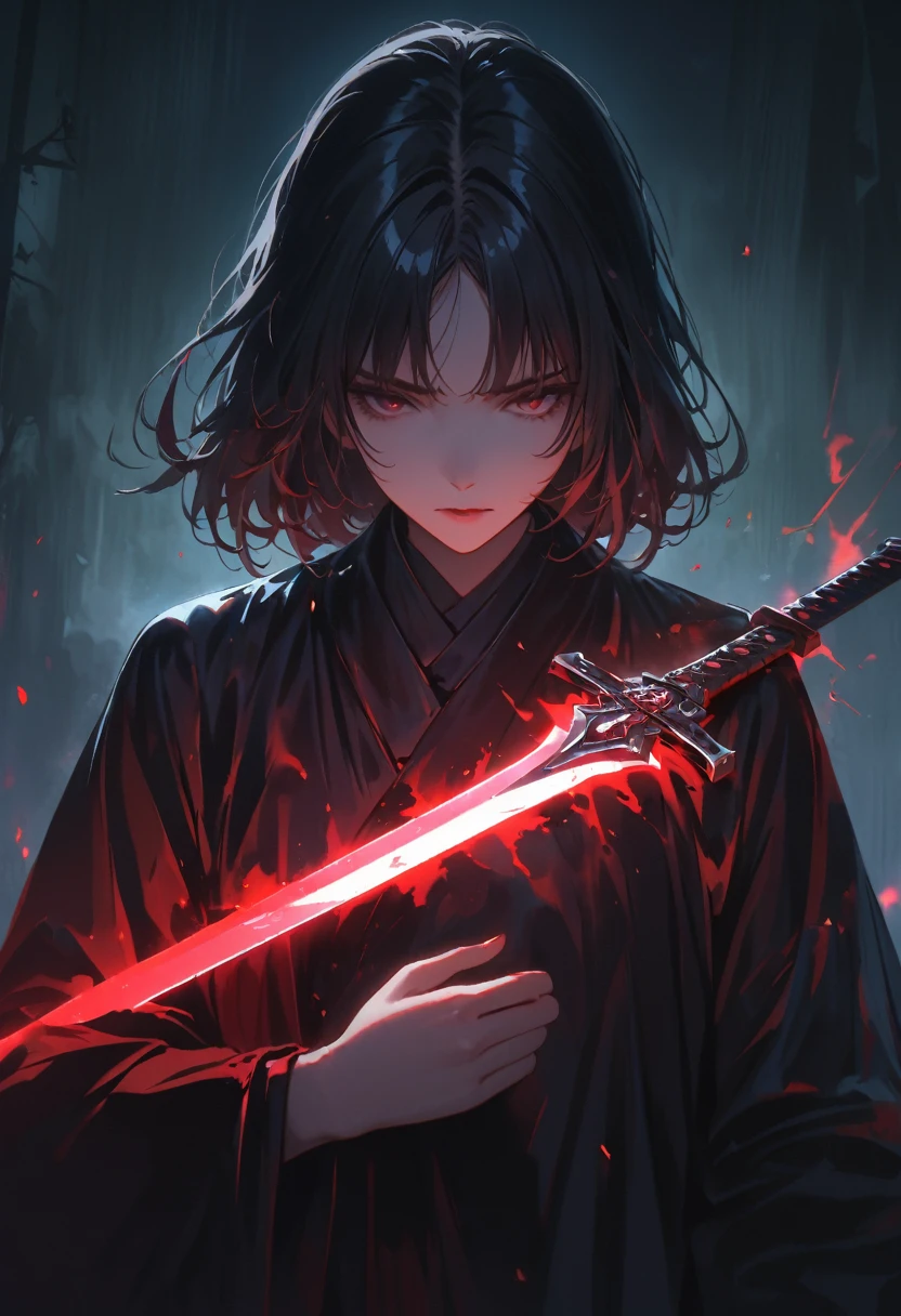 (best quality,4k,highres:1.2),dark atmosphere,dark background,glowing sword,faceless figure,two hands holding the sword,nighttime,gloomy,horror,ominous,moonlight,noir,dramatic lighting