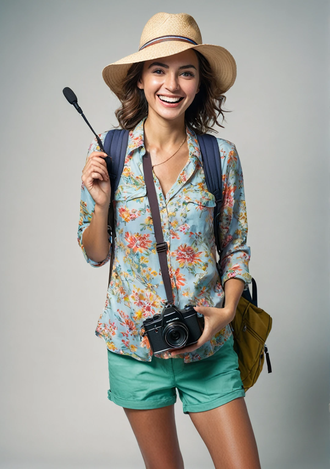 (realistic image) of a smiling female tourist, standing against a plain white background. She is dressed in casual travel attire, including a colorful blouse, comfortable pants or shorts, and a sun hat. She is holding a camera around her neck and has a backpack over one shoulder. Her expression is joyful and welcoming, with a broad smile and bright eyes. The lighting is even and natural, highlighting her features without casting harsh shadows, candid photo, torso, filmed on Agfa Vista, photograph with flash, taken on an old Polaroid camera, 8K, high detail, ultra high resolution, (realism: 1.4), original photo, realistic skin texture: 1.3, film grain: 1.3, selfie shop, expression of happiness and excitement, realistic details of clothing and accessories, cinematic lighting, best shadow, warm tone