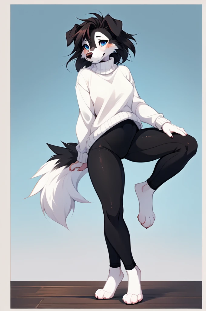 By fumiko, by hioshiru, female border collie, black and white fur, bushy dog tail, black border collie markings on face, blue eyes, short brown hair, droopy dog ears, wearing white turtleneck sweater, black yoga pants, barefoot, feet paws, 4 toes, standing, playful pose,