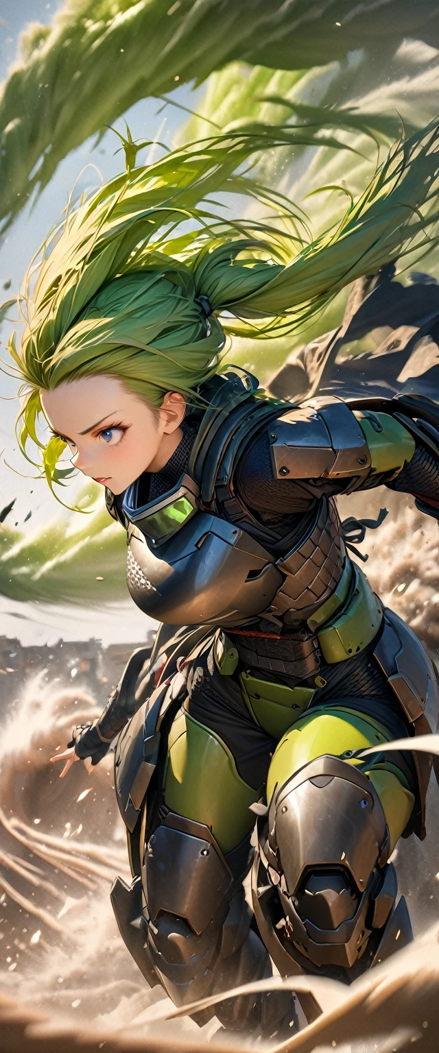 (masterpiece),(Highest quality),(High resolution),(Very detailed),8k,wallpaper,(Armored Core Style),Woman in ninja robot armor,(Tactical Forehead Protector),Random Hairstyles,(Wind Ninja),(Light green body),(Detailed face),(The background is a tornado:1.3),Hair blowing in the wind,(dynamic),(Use wind ninjutsu),(action shot)