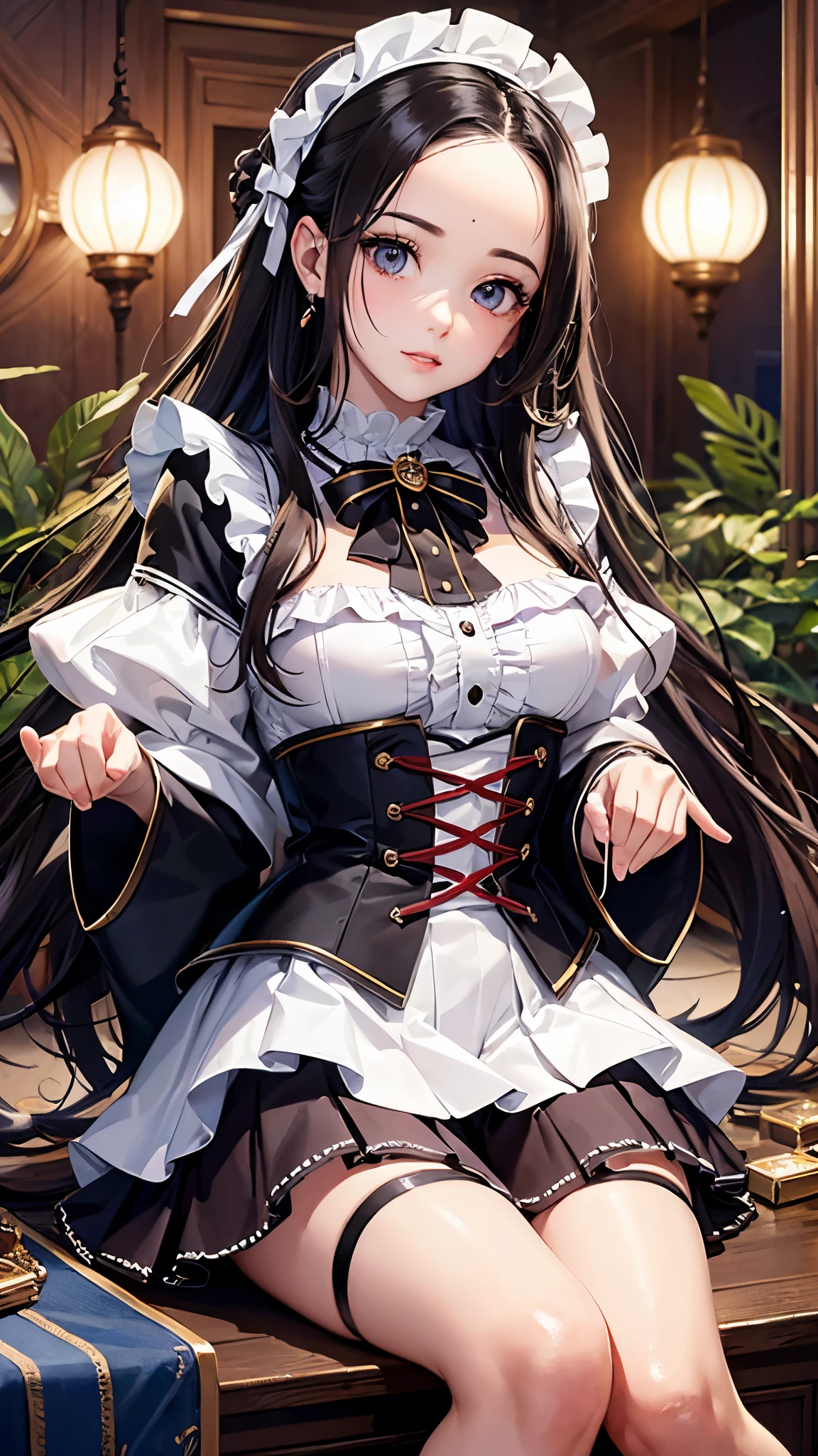 ((Highest quality)),(Ultra-high resolution),(Super detailed),(Detailed Description),((The best CG)),(masterpiece),Highly detailed art,(Art with precise detail:1.5), (woman:1.5),(Beautiful and well-proportioned face:1.4),(Forehead:1.8),Wistful gaze:1.5,(Frilled blouse:1.6),(Pleated skirt:1.4),Knee-high stockings:1.3