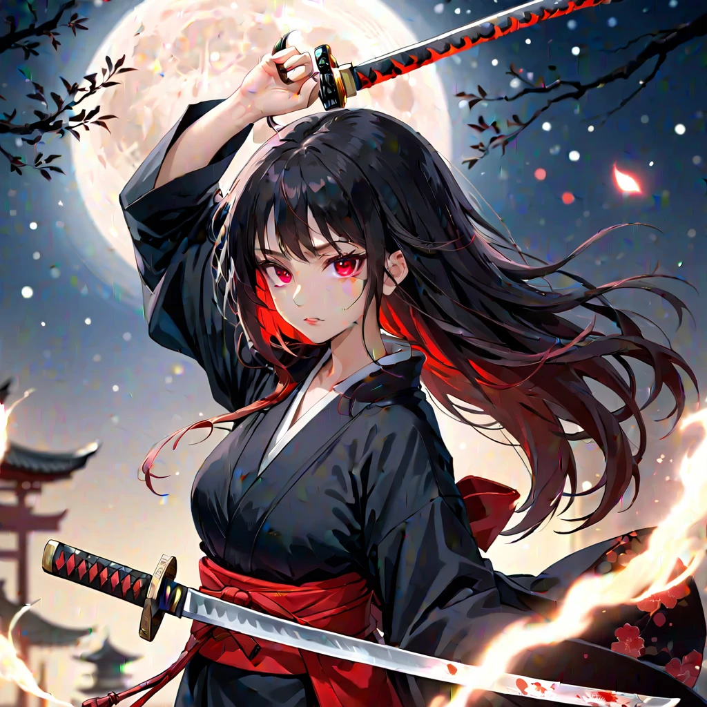  1Woman, Black long hair, red glowing eyes, samurai, holding katana over head, two hands on katana, wearing long black kimono, blood in weapon, angry, full of hate BREAK midnight, full moon, bokeh, dof, dlsr