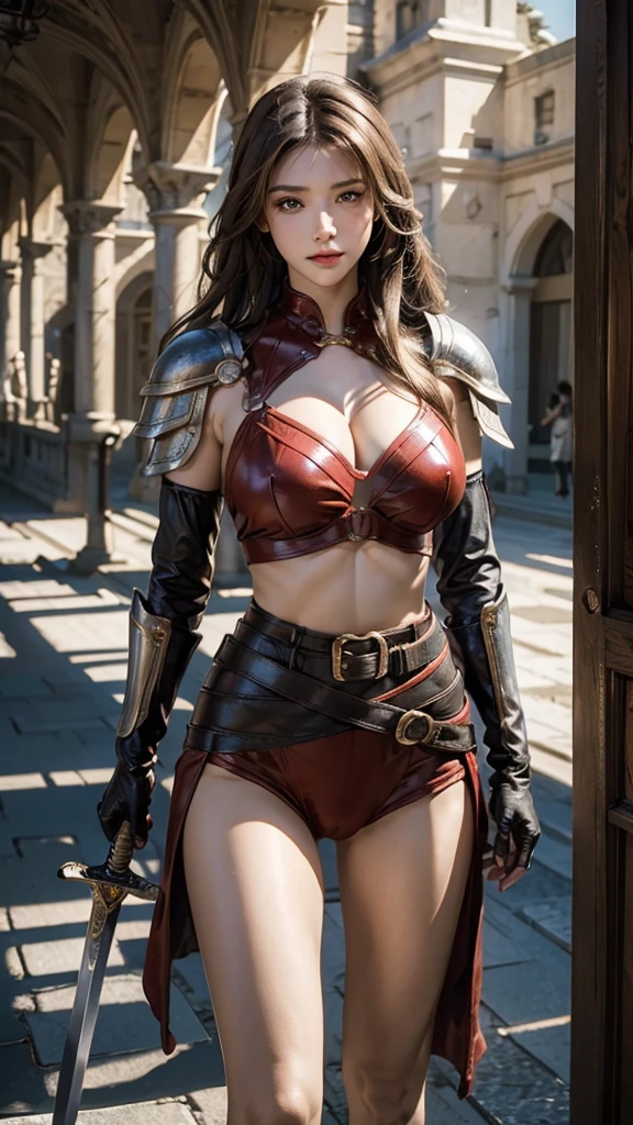8K quality、High resolution、female knight、Realistic skin texture、、High resolutionの肌、Silver Hair、Unkempt shorthair、thin、Small and young breasts、Open the mouth to reveal a realistic tongue、Beautiful cleavage、blue eyes、thin脚、Mole on mouth、、Full Body Shot、Wetting、Peeing runs down my legs and onto the floor、Leather Armor、Light clothing、Bow and Arrow