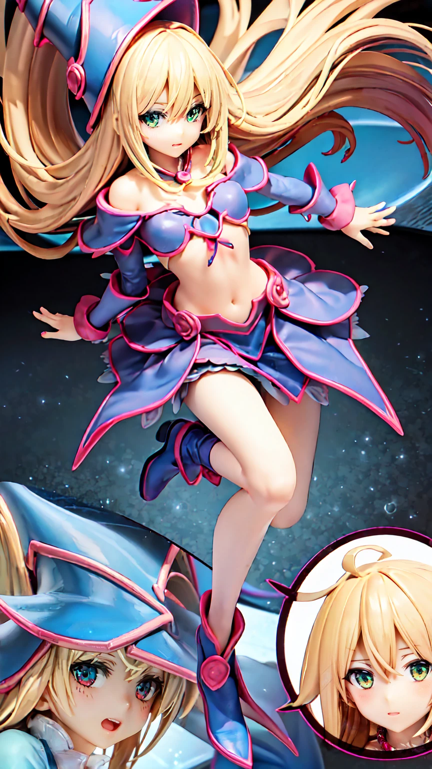 dark magician girl, Super detailed, Very detailed, masterpiece, 最high quality, 最high quality, Absurd, High resolution, Black Magician Girl, (One girl:1.2), alone, Detailed face, Dynamic pose, Hair flow, (whole body:1.1), Blonde, Long Hair, View your viewers, Green Eyes, Detailed skin, chest, Manicure, skirt, Blue footwear, Blue hat, Wizard&#39;s Hat, Cane, I have a hat, (Blue panties:0.9), masterpiece, Very detailed, A magnificent composition, high quality, 最high quality, 4K, (white background:1.5), pedestal , Figures