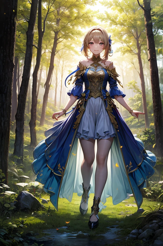 One girl, ,,Smile more, High-resolution images, woman, Her hair was decorated with glowing fireflies, Captivatingly shining eyes. Wearing a gown woven with moonlight, She is a tree々Standing in a vibrant and mysterious forest. scene, Surrounded by the fantastic light of fireflies, captured in the style of a magical forest arツーork., (masterpiece, Highest quality, Official Art,Intricate details:1.2)