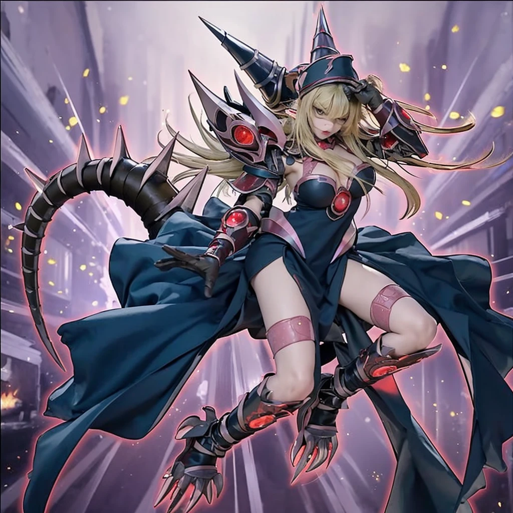 Red Eyed Girl,Wearing armor made of dragon scales。Arm blade on the arm。A dark dragon tail stretched out from the girl。She waved her wand。Swinging in a vortex of flames。