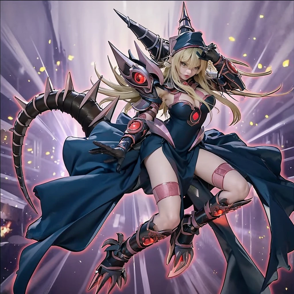 Red Eyed Girl，Wearing armor made of dragon scales。Arm blade on the arm。A dark dragon tail stretched out from the girl。She waved her wand。Swinging in a vortex of flames。
