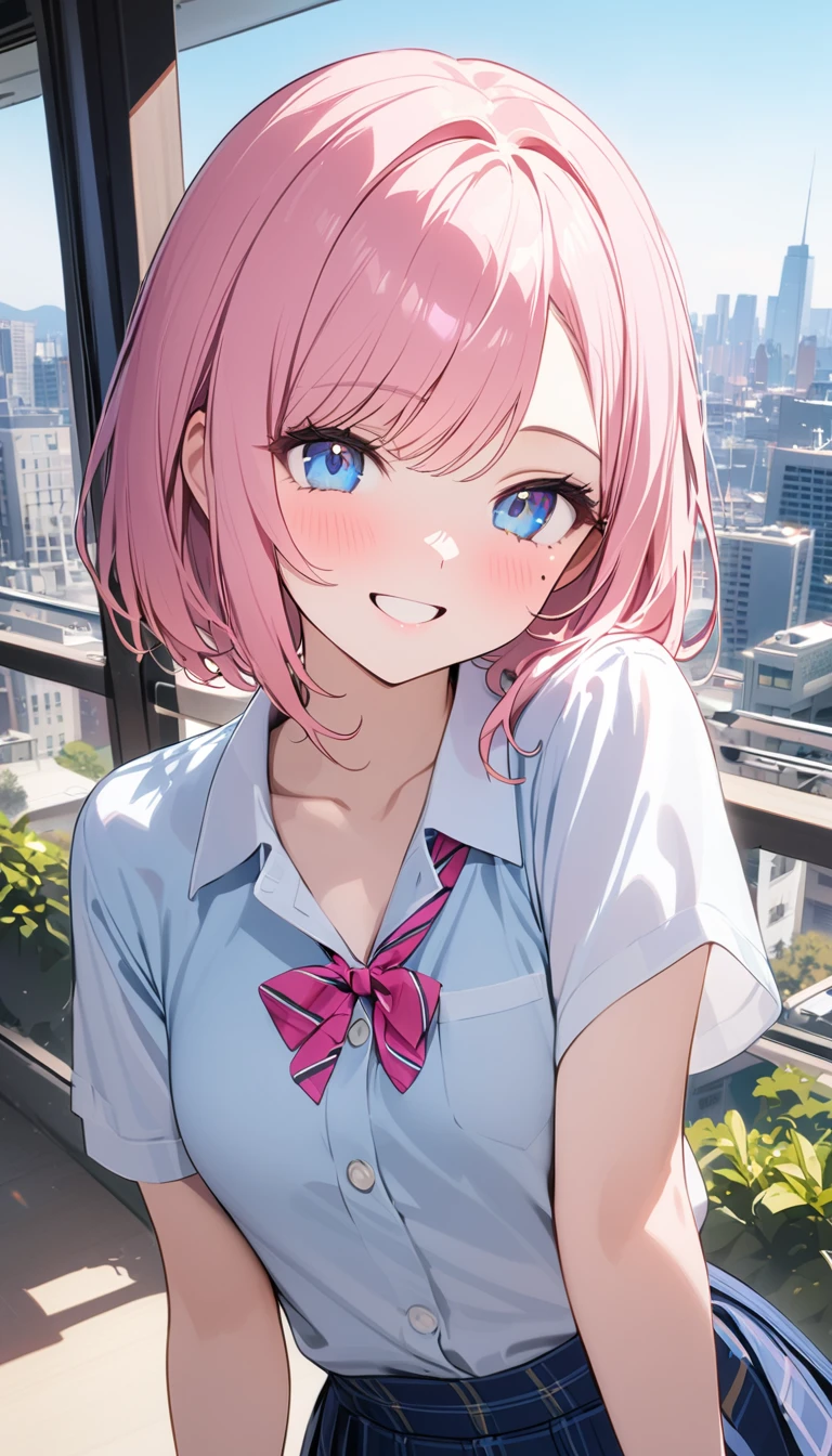 (1 girl),(Best Picture Quality, 8K, Masterpiece:1.3), (high school student:1.5), ((pink lob hair:1.1)), (bob cut),(swept bangs), (cute eyes, pupil black, iris skyblue, youthful face), (mole under right eye), (standard weight), (small breasts), (glistening skin:1.1),(pale skin:1.2),((Gyaru fashion)),((City)),(magnificent view),(Smile).