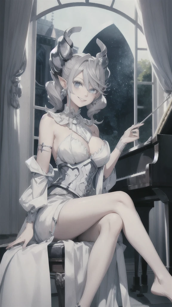 Beautiful arts wallpaper moonlight Outside castle top  High level image quality　best image quality　8K　 adult woman   silver castle hall  more colors   whole body view　portrait　 wearing pure white Goddess dress  　horn    ears  　short hair（（shortcut）（gray hair）（perm）（fluffy））　eye color is blue ,   evil face , face detailed , face fixed , smile      ,  labrynth       , barefoot , teasing with her breast,   , sitting with crossed legs on piano , looking at the windows , stovie , crystal chandaglier , white curtains 