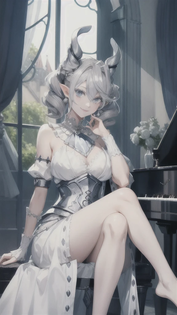 Beautiful arts wallpaper moonlight Outside castle top High level image quality best image quality 8K adult woman silver castle hall more colors whole body view portrait wearing pure white Goddess dress horn ears short hair((shortcut)(gray hair)(perm)(fluffy)) eye color is blue , evil face , face detailed , face fixed , smile , labrynth , barefoot , teasing with her breast, , sitting with crossed legs on piano , looking at the windows , stovie , crystal chandaglier , white curtains
