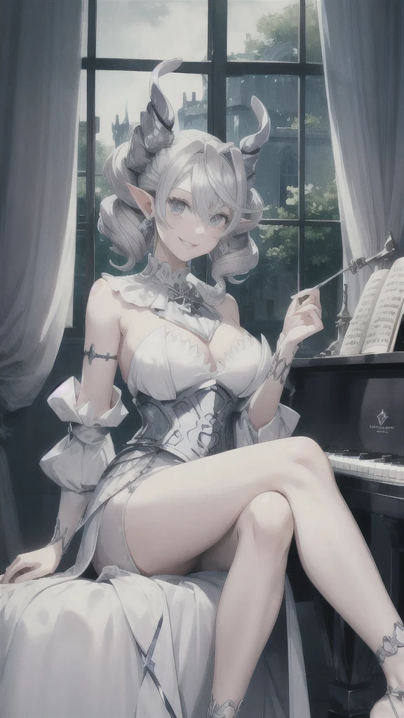 Beautiful arts wallpaper moonlight Outside castle top High level image quality best image quality 8K adult woman silver castle hall more colors whole body view portrait wearing pure white Goddess dress horn ears short hair((shortcut)(gray hair)(perm)(fluffy)) eye color is blue , evil face , face detailed , face fixed , smile , labrynth , barefoot , teasing with her breast, , sitting with crossed legs on piano , looking at the windows , stovie , crystal chandaglier , white curtains