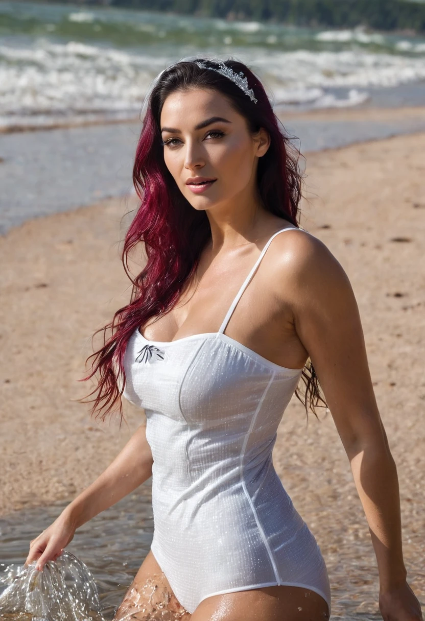Jeune femme, 27 ans, elle se trouve sur une plage d'eau claire. Elle se tient dans l'eau jusqu'au genoux. Elle sourit de plaisir, savourant l'eau tiède qui coule sur ses longueurs, mouillée, rubis, cheveux tressés, elle porte un haut de maillot de bain blanc mouillé transparent laissant apercevoir ses formes généreuses, elle a un corps magnifique. Visage de type brésilien. (rubis, cheveux très long, deux tresses ) (stripping mouillé hair), mouillé, transparent.