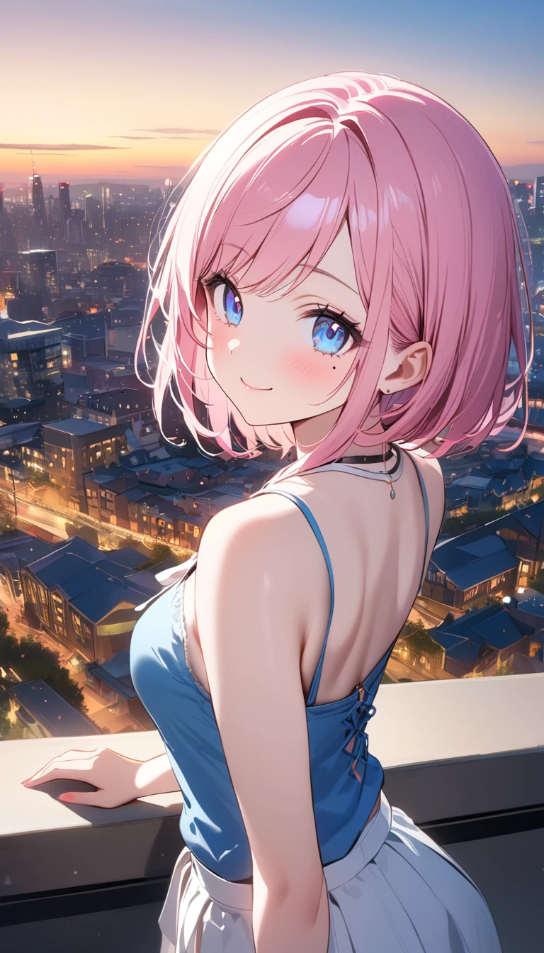 (1 girl),(Best Picture Quality, 8K, Masterpiece:1.3), (high school student:1.5), ((pink lob hair:1.1)), (bob cut),(swept bangs), (cute eyes, pupil black, iris skyblue, youthful face), (mole under right eye), (standard weight), (small breasts), (glistening skin:1.1),(pale skin:1.2),((Gyaru fashion)),((City)),(magnificent view),(Smile).