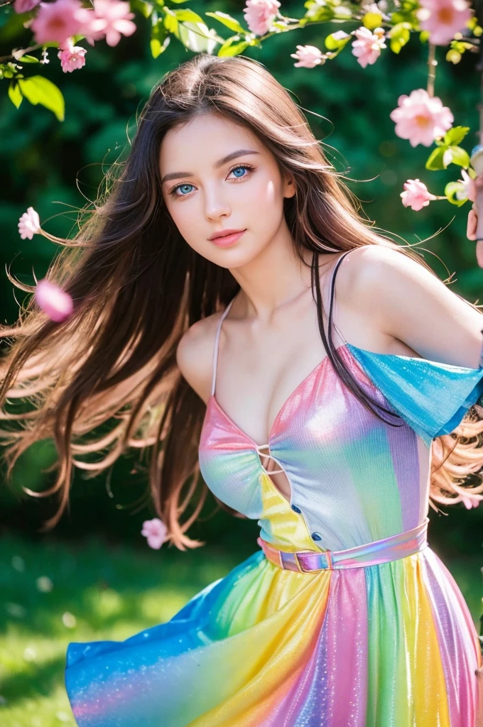 A sultry 27-year-old woman with piercing blue eyes and luscious locks gazes directly into the camera lens, her full lips slightly upturned in a mischievous grin. Close-up portrait of a young woman with vibrant, blowing hair and mesmerizing eyes, posing in mid-flight amidst a serene garden filled with blooming flowers under soft, cinematic lighting, capturing charming, cute, and beautiful expression shining like a sunset amidst a rainbowish aura ((holographic)). Her flowing dress made of ultra-detailed petals appears to dance across her figure as she takes flight, set against a lush backdrop of colorful blooms.Jasmin of Aladin, photo-realistic, cinematic,
A young person wearing a black open dress, high fashion, photo shoot, raw photond. Sie sitzt vor dem Schreibtisch und hat Handy in der Hand.
