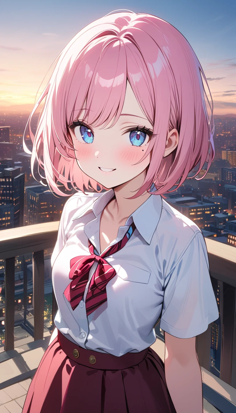 (1 girl),(Best Picture Quality, 8K, Masterpiece:1.3), (high school student:1.5), ((pink lob hair:1.1)), (bob cut),(swept bangs), (cute eyes, pupil black, iris skyblue, youthful face), (mole under right eye), (standard weight), (small breasts), (glistening skin:1.1),(pale skin:1.2),((Gyaru fashion)),((City)),(magnificent view),(Smile).