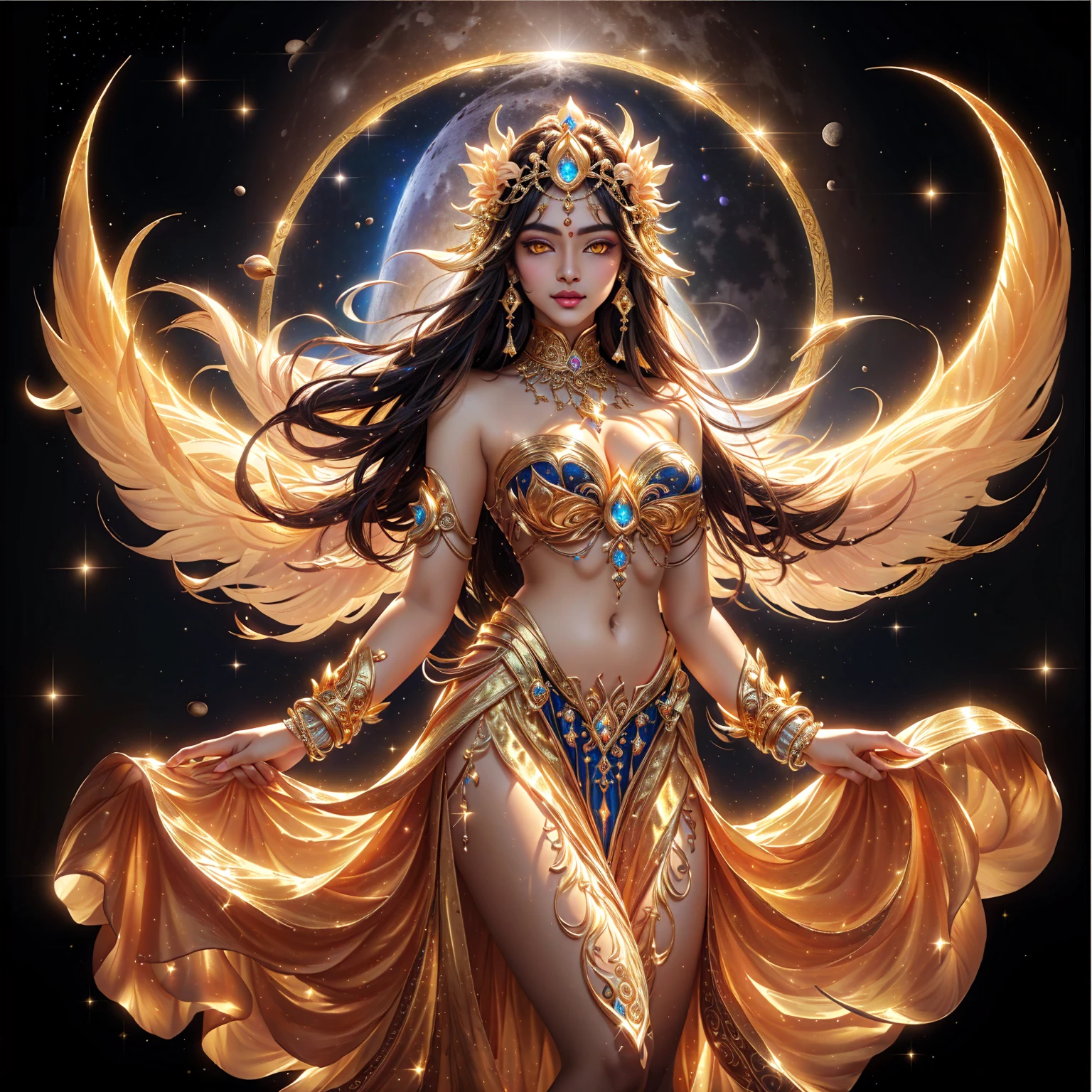 Indian woman, super model, beautiful makeup , white skin , pink mouth,yellow eyes ,Dressed in gold, standing in front of a crescent moon., goddess of heaven, goddess of the moon, anime goddess, beautiful heavenly mage, lunar goddess, Moon Goddess, Golden Lotus Princess, Goddess of the Galaxy, Beautiful Fantasy Empress, ((Beautiful Fantasy Empress)), Goddess and Moon, As the sun goddess,, Goddess of space and time , Branded stockings for sale in black and gold , Fine gold jewelry