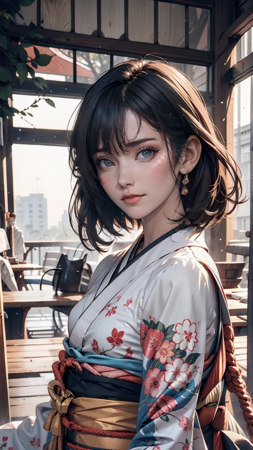 (Highest quality, 16K, masterpiece: 1.3)), 1 girl, Sharp focus: 1.2, Beautiful woman with perfect figure: 1.4, Slim Abs: 1.2, (((Short Bob Hair)), ((small: 1.4)), ((Beautiful Face Idol: 1.3)), (Transparent fabric kimono 1.5)), Highly detailed face and skin texture, Detailed eyes, double eyelid, (((stop temporarily)), (Fascinating)), walk, Paris cityscape, Low - Angle, Shooting from below