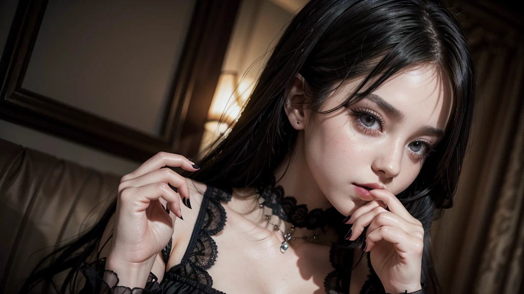 gothic girl, with a seductive look, with a finger in her mouth