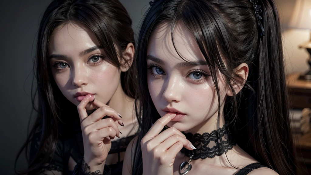 gothic girl, with a seductive look, with a finger in her mouth