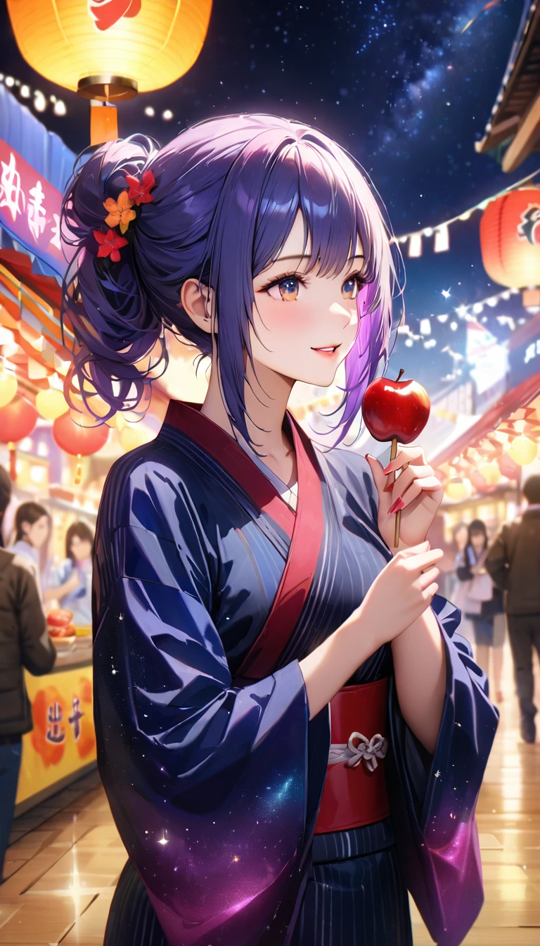 Summer Festival,night, Starry Sky,yukata, Eat apple candy,Gazing at the sky,Blur the background,high school girl,smile,Glitter effect,Highest quality, 8k, High resolution, masterpiece:1.2, Very detailed, Realistic:1.37, High resolution, 超High resolution, Ultra-fine painting, Very detailed, Professional, Vibrant colors