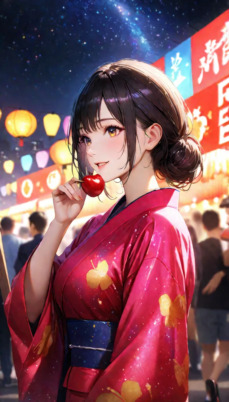 Summer Festival,night, Starry Sky,yukata, Eat apple candy,Gazing at the sky,Blur the background,high school girl,smile,Glitter effect,Highest quality, 8k, High resolution, masterpiece:1.2, Very detailed, Realistic:1.37, High resolution, 超High resolution, Ultra-fine painting, Very detailed, Professional, Vibrant colors