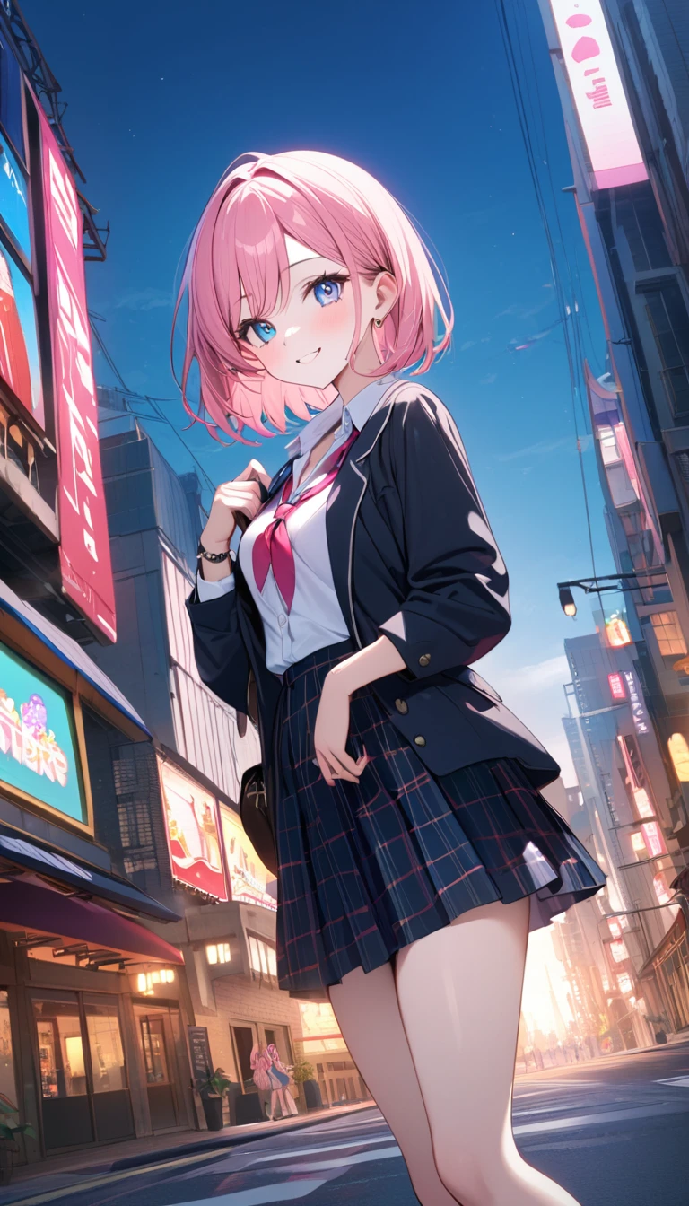 (school uniform), (mini pleated skirt), ((serafuku)), ((4 defined fingers)), ((1 defined thumb)), (looking at viewer), break, sexy, ((solo)), (1 woman), ((25 years old)), ((highest quality)), ((masterpiece)), (familiar), skindentation, perfect face, 8k , (cowboy shot), break, short hair, (((pink hair1.5))), bob cut, black eye, beautiful princess, smile, thin thighs, medium breasts, perfect limbs, sexy, standing, ((hand on hip)),