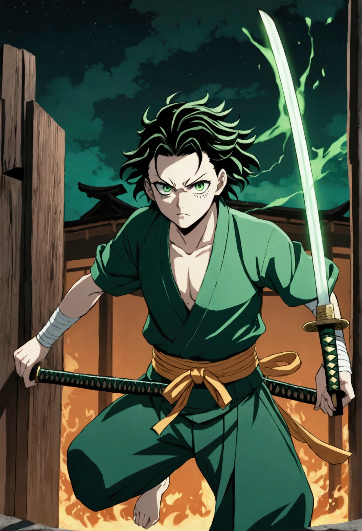 One Guy, Kimetsu no Yaiba, katana, toxic breathing style, green clothes, green eyes, sword slash, green sword aura, night backround, fixed arms, detailed arms and katana, human version, toxic aura swing, clip, anime scene, walking, talking, movement capture, mascular body