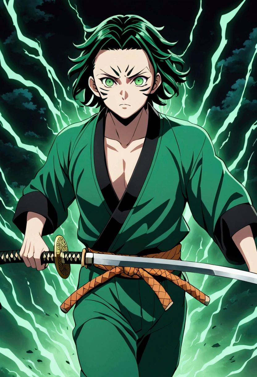 One Guy, Kimetsu no Yaiba, katana, toxic breathing style, green clothes, green eyes, sword slash, green sword aura, night backround, fixed arms, detailed arms and katana, human version, toxic aura swing, clip, anime scene, walking, talking, movement capture, mascular body